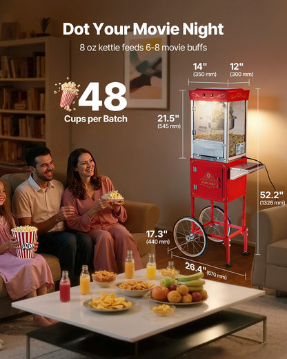 VEVOR Popcorn Machine with Cart, 8oz Stainless Steel Kettle, 800W Commercial Popcorn Maker, 48 Cups per Batch Theater Style Popper, with 2-Button Control Glass Wall PC Door 1 Scoop 3 Spoons, Red - CSBMHJHS8OZW5RV9X001V1 - view 3