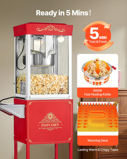 VEVOR Popcorn Machine with Cart, 8oz Stainless Steel Kettle, 800W Commercial Popcorn Maker, 48 Cups per Batch Theater Style Popper, with 2-Button Control Glass Wall PC Door 1 Scoop 3 Spoons, Red - CSBMHJHS8OZW5RV9X001V1 - view 5