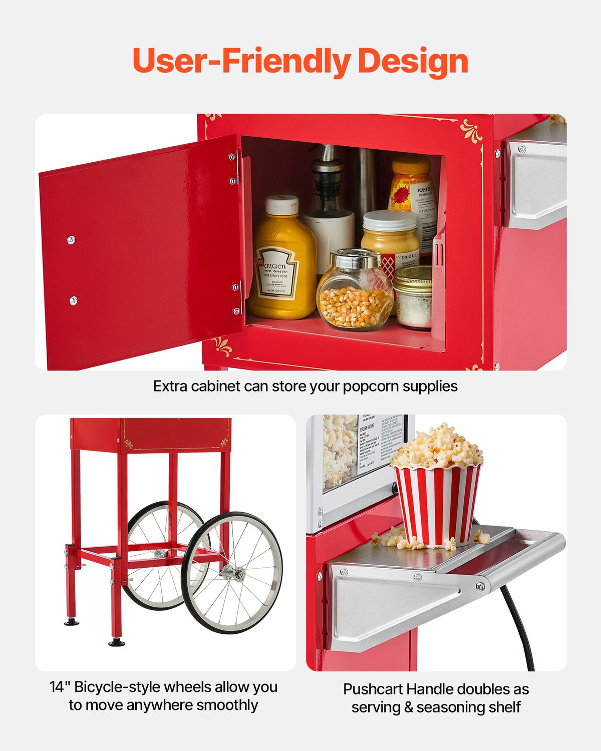 VEVOR Popcorn Machine with Cart, 8oz Stainless Steel Kettle, 800W Commercial Popcorn Maker, 48 Cups per Batch Theater Style Popper, with 2-Button Control Glass Wall PC Door 1 Scoop 3 Spoons, Red - CSBMHJHS8OZW5RV9X001V1 - view 6