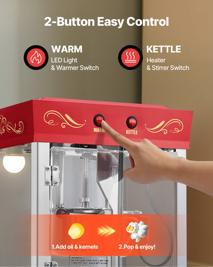 VEVOR Popcorn Machine with Cart, 8oz Stainless Steel Kettle, 800W Commercial Popcorn Maker, 48 Cups per Batch Theater Style Popper, with 2-Button Control Glass Wall PC Door 1 Scoop 3 Spoons, Red - CSBMHJHS8OZW5RV9X001V1 - view 7