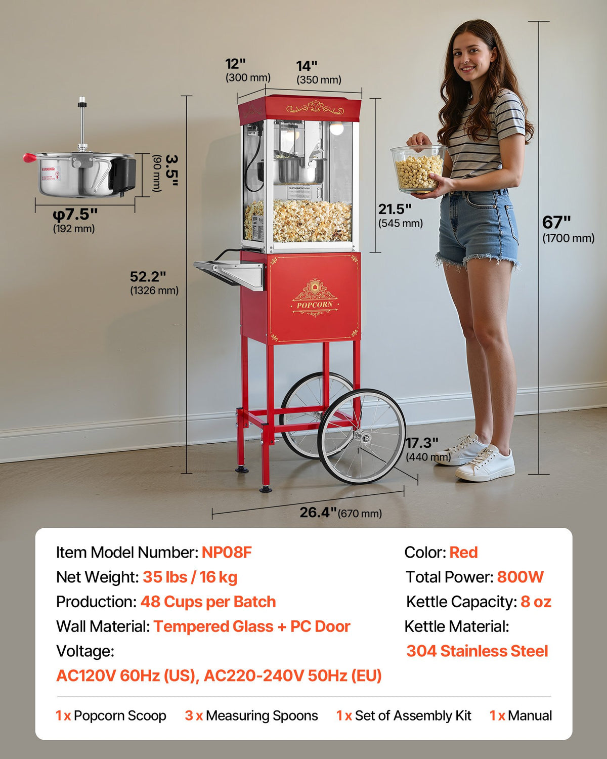 VEVOR Popcorn Machine with Cart, 8oz Stainless Steel Kettle, 800W Commercial Popcorn Maker, 48 Cups per Batch Theater Style Popper, with 2-Button Control Glass Wall PC Door 1 Scoop 3 Spoons, Red - CSBMHJHS8OZW5RV9X001V1 - view 8