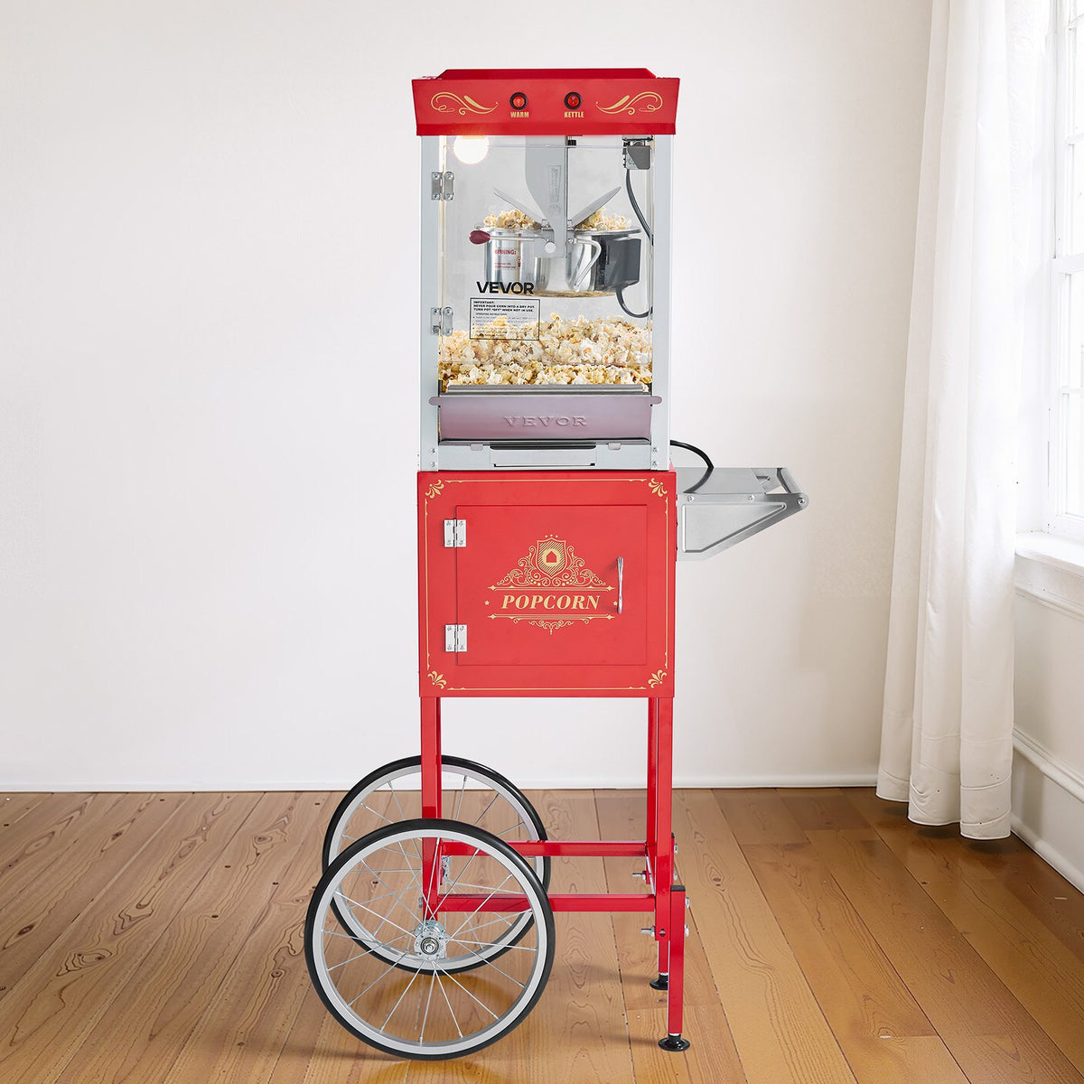 VEVOR Popcorn Machine with Cart, 8oz Stainless Steel Kettle, 800W Commercial Popcorn Maker, 48 Cups per Batch Theater Style Popper, with 2-Button Control Glass Wall PC Door 1 Scoop 3 Spoons, Red - CSBMHJHS8OZW5RV9X001V1 - view 9