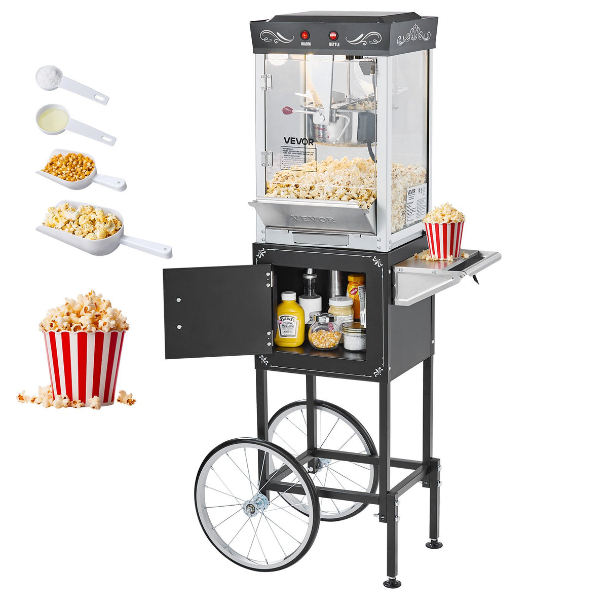 VEVOR Popcorn Machine with Cart, 8oz Stainless Steel Kettle, 800W Commercial Popcorn Maker, 48 Cups per Batch Theater Style Popper, with 2-Button Control Glass Wall PC Door 1 Scoop 3 Spoons, Black - CSBMHJHS8OZWX2BT6001V1 - view 1