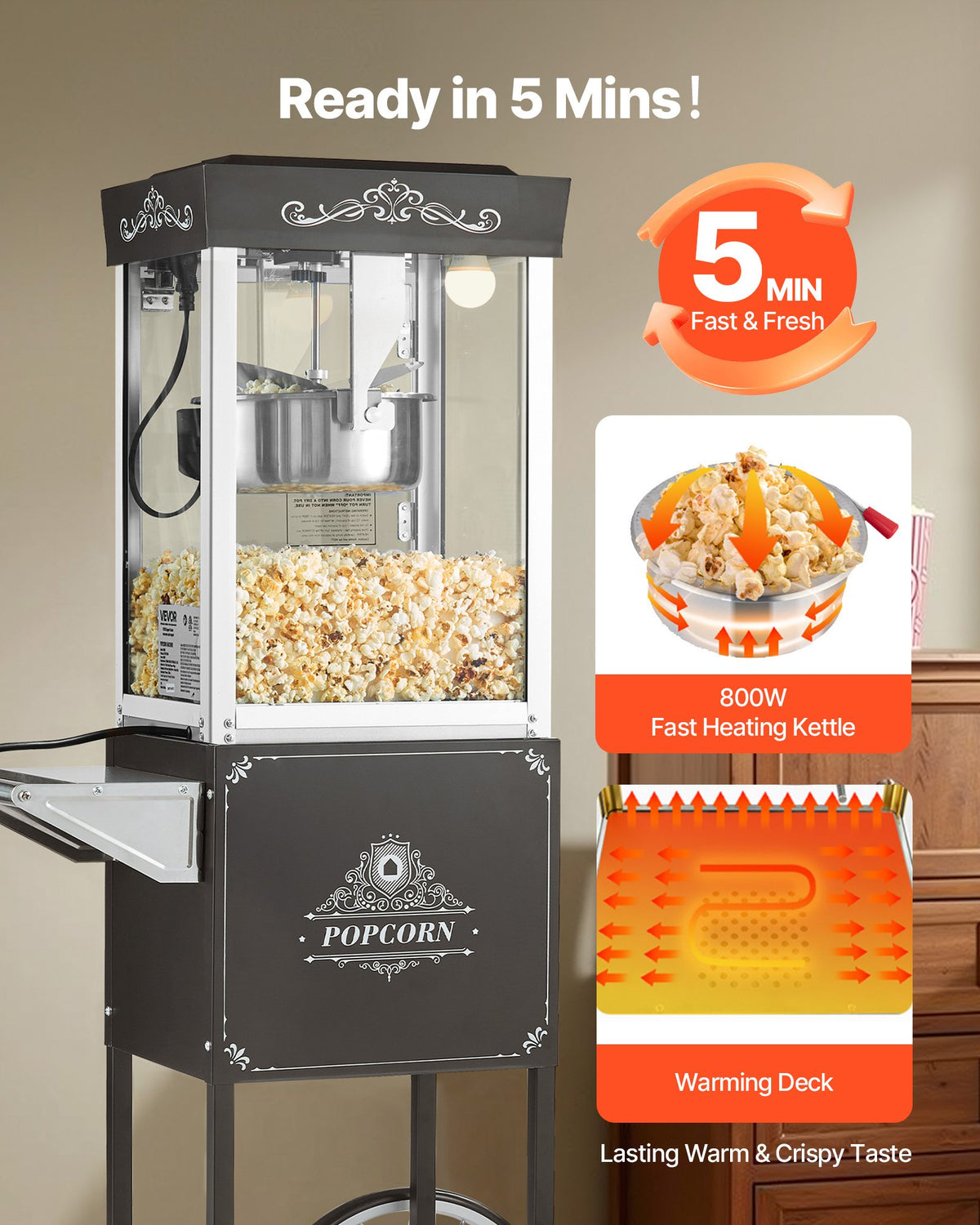 VEVOR Popcorn Machine with Cart, 8oz Stainless Steel Kettle, 800W Commercial Popcorn Maker, 48 Cups per Batch Theater Style Popper, with 2-Button Control Glass Wall PC Door 1 Scoop 3 Spoons, Black - CSBMHJHS8OZWX2BT6001V1 - view 5