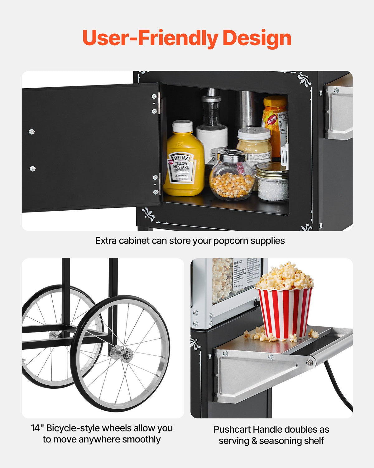 VEVOR Popcorn Machine with Cart, 8oz Stainless Steel Kettle, 800W Commercial Popcorn Maker, 48 Cups per Batch Theater Style Popper, with 2-Button Control Glass Wall PC Door 1 Scoop 3 Spoons, Black - CSBMHJHS8OZWX2BT6001V1 - view 6