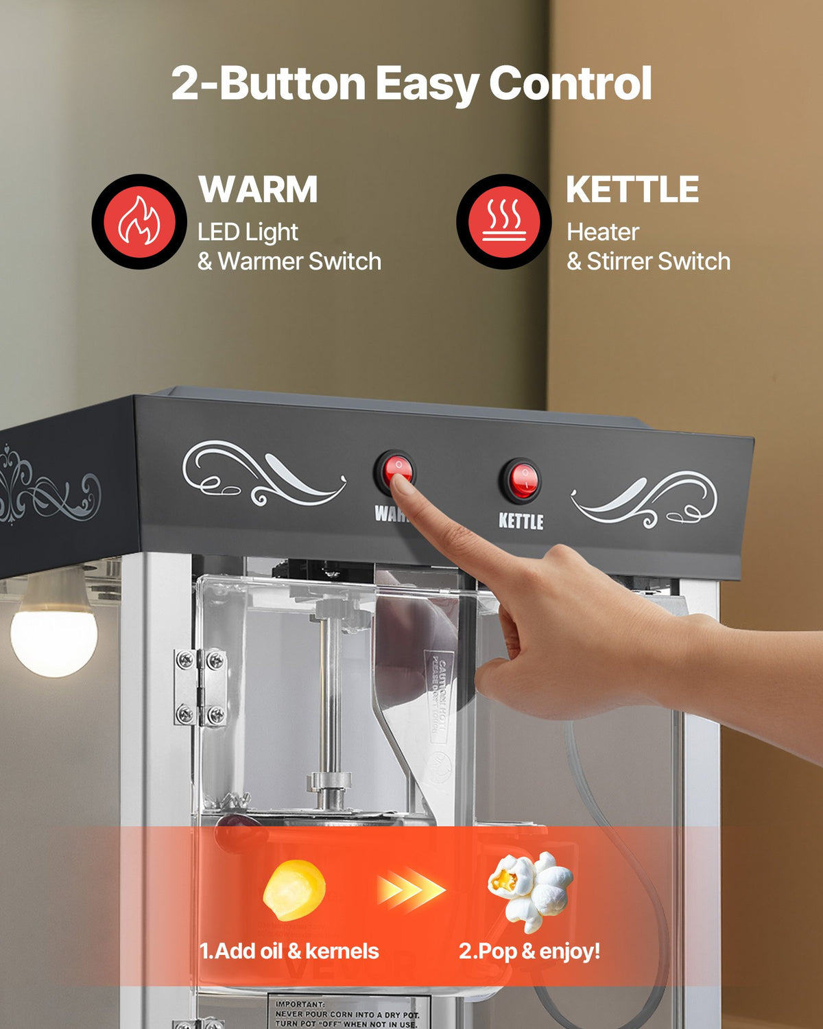 VEVOR Popcorn Machine with Cart, 8oz Stainless Steel Kettle, 800W Commercial Popcorn Maker, 48 Cups per Batch Theater Style Popper, with 2-Button Control Glass Wall PC Door 1 Scoop 3 Spoons, Black - CSBMHJHS8OZWX2BT6001V1 - view 7