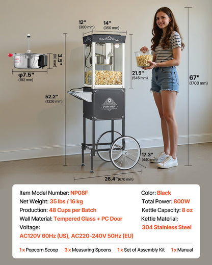 VEVOR Popcorn Machine with Cart, 8oz Stainless Steel Kettle, 800W Commercial Popcorn Maker, 48 Cups per Batch Theater Style Popper, with 2-Button Control Glass Wall PC Door 1 Scoop 3 Spoons, Black - CSBMHJHS8OZWX2BT6001V1 - view 8