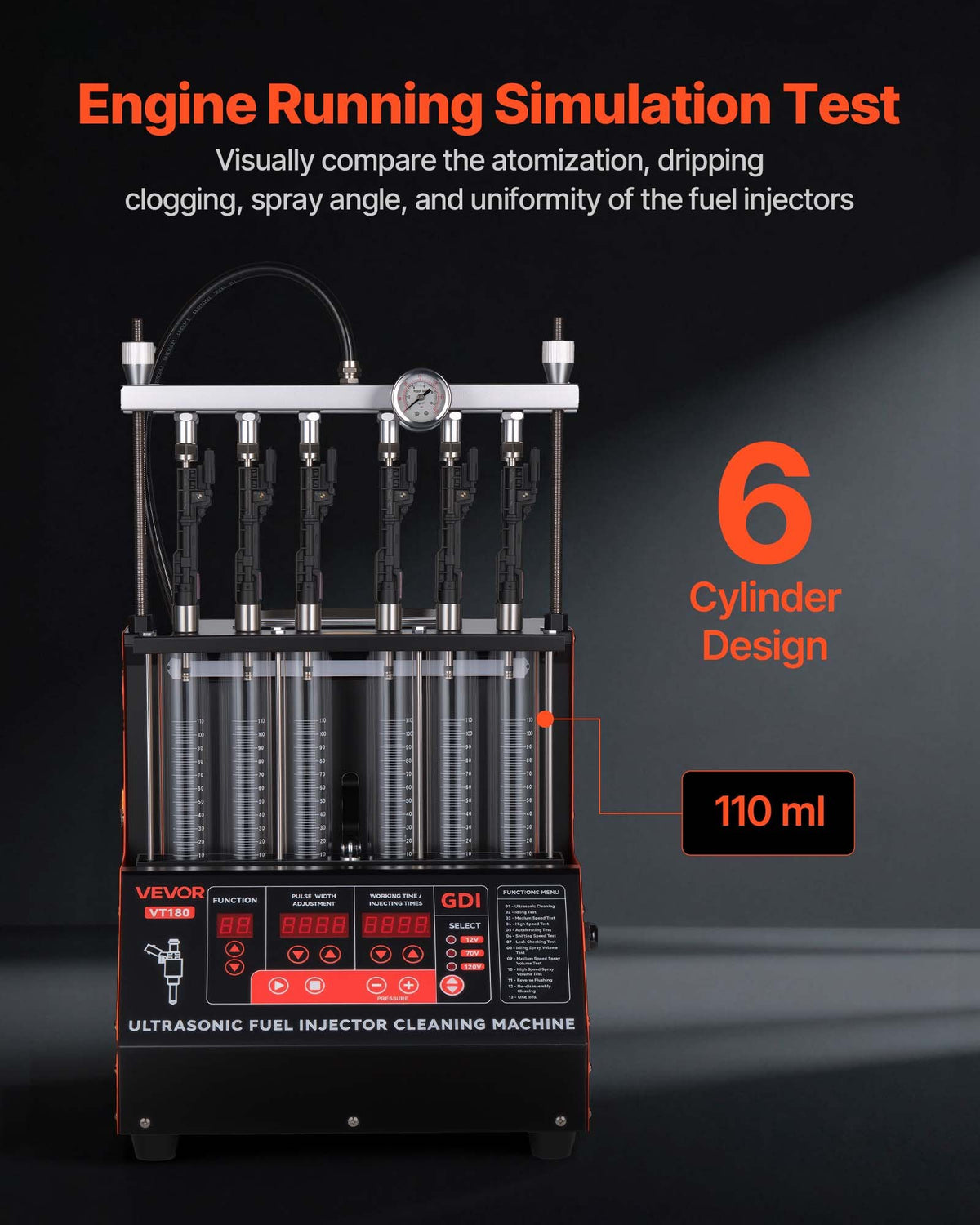 VEVOR Fuel Injector Cleaner Tester, 9 Test Modes, 6-Cylinder 28kHz Ultrasonic Cleaning Machine Adjustable 12V/70V/120V for EFI/FSI/GDI, Injector Cleaner Machine with Drain Valve for Car & Motorcycle - CSBPYZQXJ6G1PAL6A001V1 - view 5