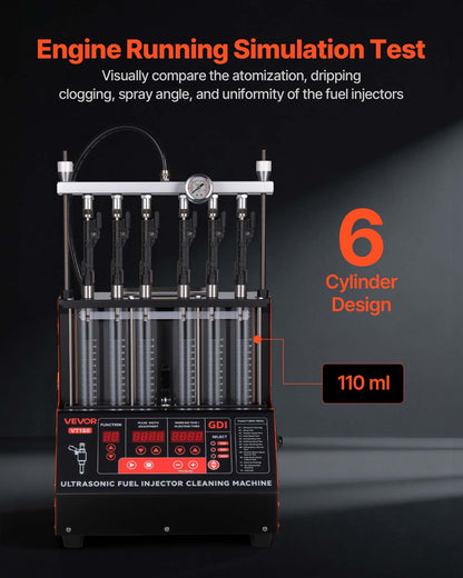 VEVOR Fuel Injector Cleaner Tester, 9 Test Modes, 6-Cylinder 28kHz Ultrasonic Cleaning Machine Adjustable 12V/70V/120V for EFI/FSI/GDI, Injector Cleaner Machine with Drain Valve for Car & Motorcycle - CSBPYZQXJ6G1PAL6A001V1 - view 5