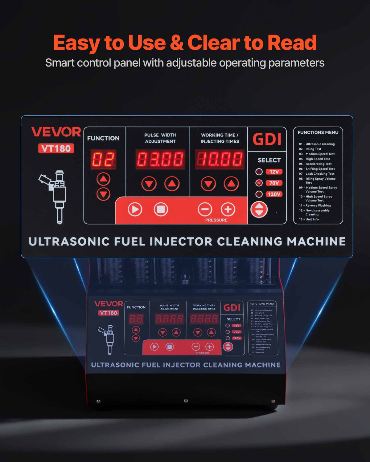 VEVOR Fuel Injector Cleaner Tester, 9 Test Modes, 6-Cylinder 28kHz Ultrasonic Cleaning Machine Adjustable 12V/70V/120V for EFI/FSI/GDI, Injector Cleaner Machine with Drain Valve for Car & Motorcycle - CSBPYZQXJ6G1PAL6A001V1 - view 7