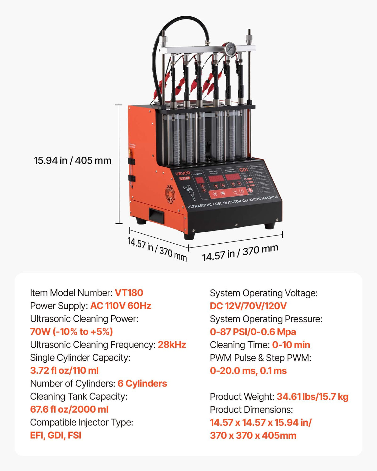 VEVOR Fuel Injector Cleaner Tester, 9 Test Modes, 6-Cylinder 28kHz Ultrasonic Cleaning Machine Adjustable 12V/70V/120V for EFI/FSI/GDI, Injector Cleaner Machine with Drain Valve for Car & Motorcycle - CSBPYZQXJ6G1PAL6A001V1 - view 8