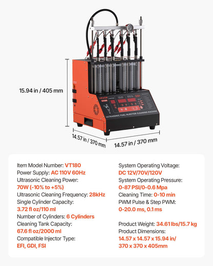 VEVOR Fuel Injector Cleaner Tester, 9 Test Modes, 6-Cylinder 28kHz Ultrasonic Cleaning Machine Adjustable 12V/70V/120V for EFI/FSI/GDI, Injector Cleaner Machine with Drain Valve for Car & Motorcycle - CSBPYZQXJ6G1PAL6A001V1 - view 8