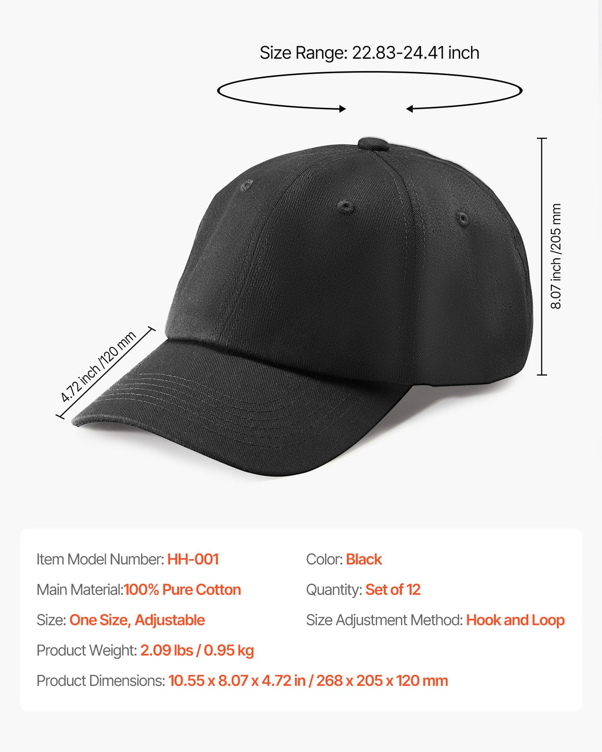 VEVOR Baseball Cap, Plain Baseball Hat with Breathable Pure Cotton Fabric, Adjustable Size, Blank 12 Pack Bulk Caps Ideal for Running, Workouts or Outdoor Activities, 12 Pcs, Black - CSBQMTYDJDB0ATCBJ001V0 - view 8