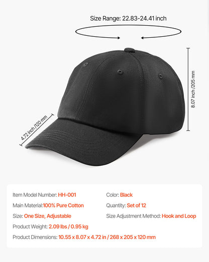 VEVOR Baseball Cap, Plain Baseball Hat with Breathable Pure Cotton Fabric, Adjustable Size, Blank 12 Pack Bulk Caps Ideal for Running, Workouts or Outdoor Activities, 12 Pcs, Black - CSBQMTYDJDB0ATCBJ001V0 - view 8