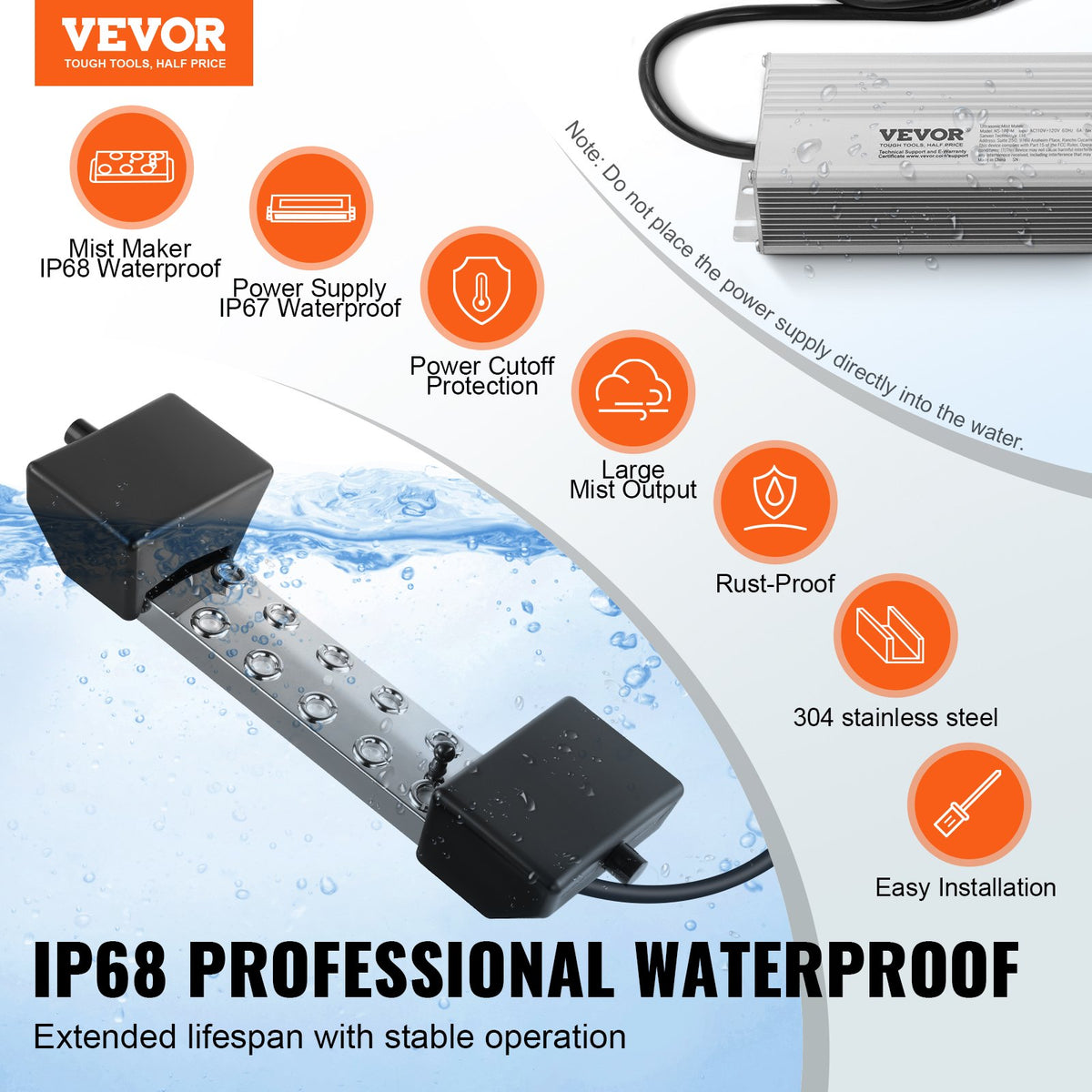 VEVOR Ultrasonic Mist Maker 10 Head, 7000mL/H Ultrasonic Fogger, Mist Maker with 280W IP67 Waterproof Power Supply, Buoy, Replacement Discs, for Pond, Garden, Rockery, Greenhouse, Halloween Decoration - CSBWHQ10TFSDNV8LQV1 - view 3