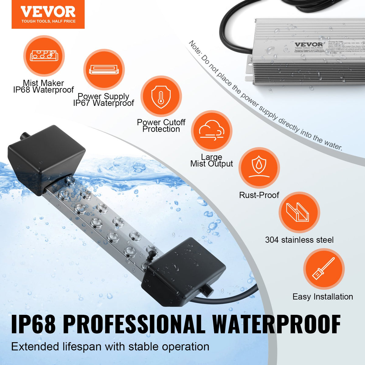 VEVOR Ultrasonic Mist Maker 12 Head, 9000mL/H Ultrasonic Fogger, Mist Maker with 300W IP67 Waterproof Power Supply, Buoy, Replacement Discs, for Pond, Garden, Rockery, Greenhouse, Halloween Decoration - CSBWHQ12TFSDL27HZV1 - view 3
