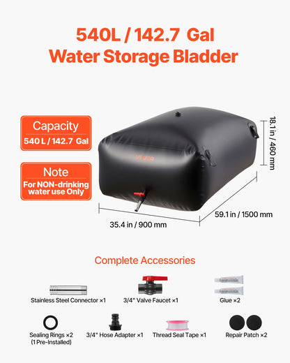 VEVOR Water Storage Bladder 142.7 Gallon Large Capacity Water Bag, Portable & Collapsible Soft Waters Container, Leakproof & Tear-Resistant PVC Emergency Waters Storage Tank for RV Truck & Outdoor Use - CSDHSPVC540L2ZFQH001V0 - view 3