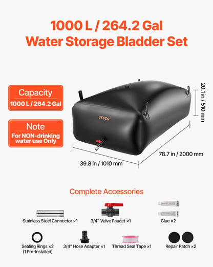 VEVOR Water Storage Bladder, 264.2 Gal Collapsible Water Storage Bag, Wear-Resistant 1000D PVC Soft Waters Bag, Leakproof Camping Tank Containers for Garden Irrigation RV Emergency Use, Black - CSDHSPVCB100YFP48003V0 - view 3