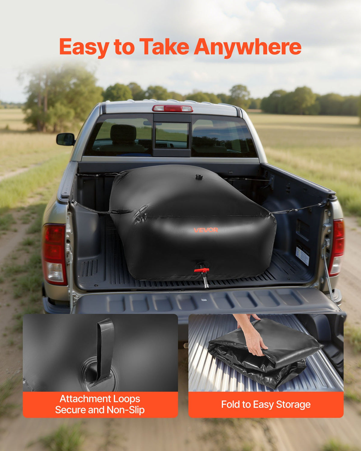 VEVOR Water Storage Bladder, 264.2 Gal Collapsible Water Storage Bag, Wear-Resistant 1000D PVC Soft Waters Bag, Leakproof Camping Tank Containers for Garden Irrigation RV Emergency Use, Black - CSDHSPVCB100YFP48003V0 - view 7