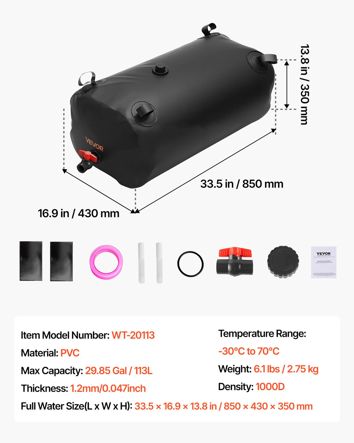 VEVOR Water Storage Bladder, 29.85 Gallon (113L) Water Storage Container Tank, 1000D PVC Thickened Soft Bag Bladder, Collapsible Portable for Garden Irrigation, Camping, RVs, Emergency Use - Black - CSDHSPVCB113E9XVW002V0 - view 8