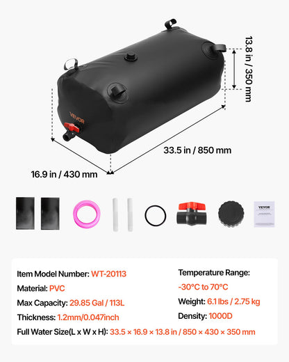 VEVOR Water Storage Bladder, 29.85 Gallon (113L) Water Storage Container Tank, 1000D PVC Thickened Soft Bag Bladder, Collapsible Portable for Garden Irrigation, Camping, RVs, Emergency Use - Black - CSDHSPVCB113E9XVW002V0 - view 8