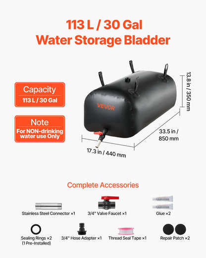 VEVOR Water Storage Bladder, 30 Gal Collapsible Water Storage Bag, Wear-Resistant 1000D PVC Soft Waters Bag, Leakproof Camping Tank Containers for Garden Irrigation RV Emergency Use, Black - CSDHSPVCB113E9XVW003V0 - view 3