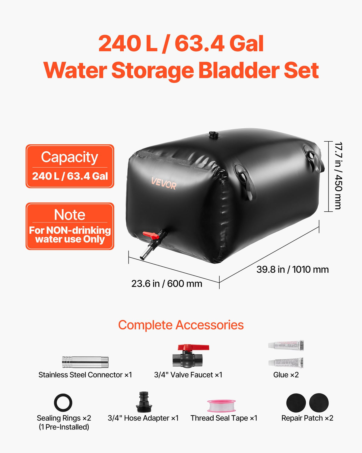 VEVOR Water Storage Bladder, 63.4 Gal Collapsible Water Storage Bag, Wear-Resistant 1000D PVC Soft Waters Bag, Leakproof Camping Tank Containers for Garden Irrigation RV Emergency Use, Black - CSDHSPVCB2401ECBZ003V0 - view 3
