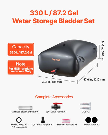 VEVOR Water Storage Bladder, 87.2 Gal Collapsible Water Storage Bag, Wear-Resistant 1000D PVC Soft Waters Bag, Leakproof Camping Tank Containers for Garden Irrigation RV Emergency Use, Black - CSDHSPVCB3306DKO3003V0 - view 3