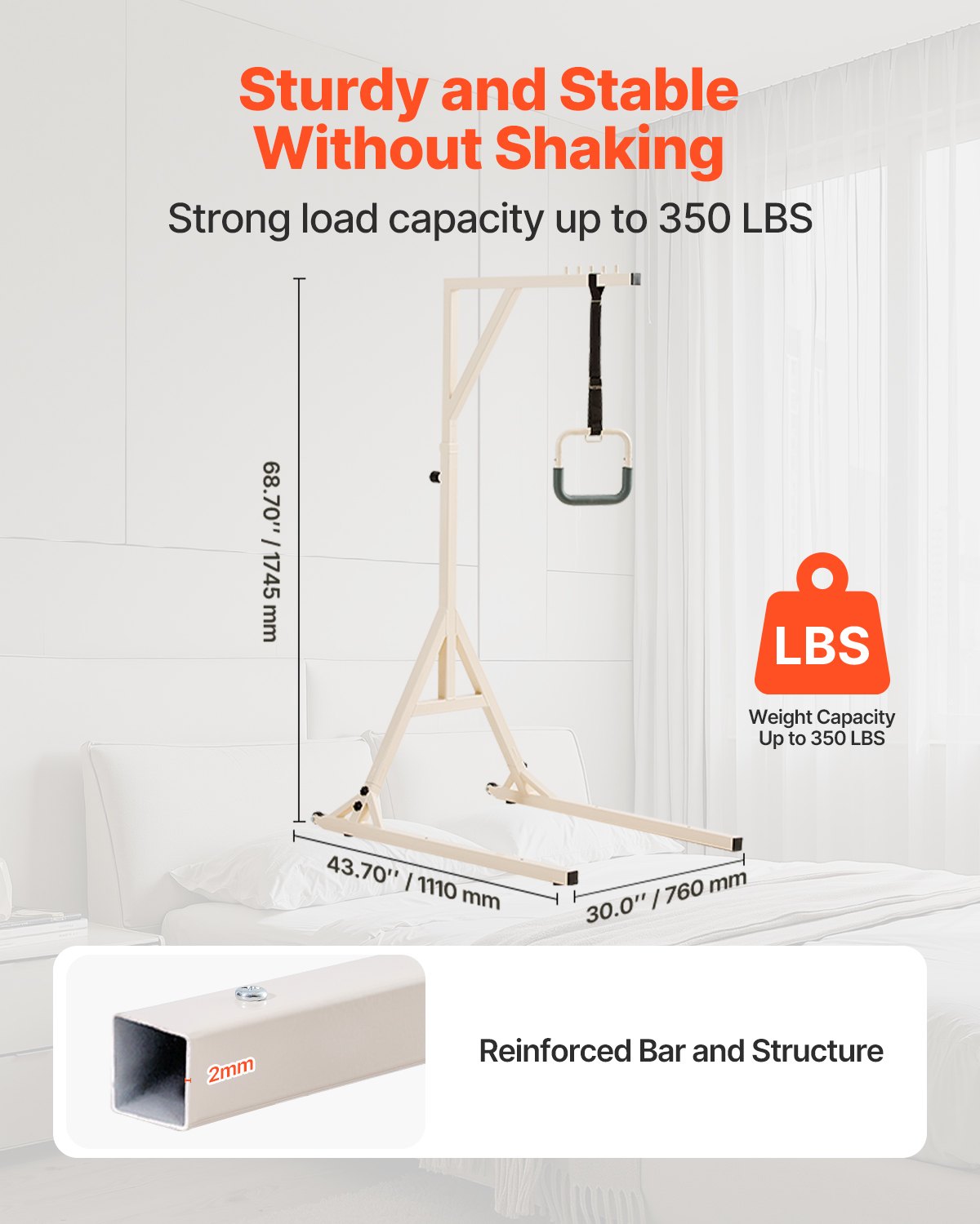 VEVOR Trapeze Bar for Bed Mobility, Height-Adjustable Bed Trapeze with 2 Casters, 350LBS Weight Capacity Heavy Duty Pull Up Trapeze Bar with Floor Stand for Elderly, Disabled, Bedridden Patients - CSDJLDXDJSJZTUI9AV0 - view 3