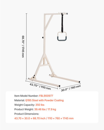 VEVOR Trapeze Bar for Bed Mobility, Height-Adjustable Bed Trapeze with 2 Casters, 350LBS Weight Capacity Heavy Duty Pull Up Trapeze Bar with Floor Stand for Elderly, Disabled, Bedridden Patients - CSDJLDXDJSJZTUI9AV0 - view 8