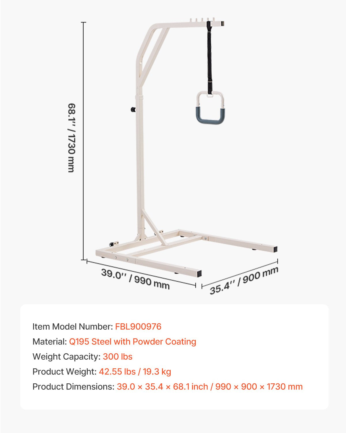 VEVOR Trapeze Bar for Bed Mobility, Height-Adjustable Free Standing Trapeze Bar with 2 Wheels, 300LBS Capacity Bed Pull Up Assist for Elderly Disabled, Ideal for Hospital, Nursing Home & Home Care - CSDJLDXDJZGZ2TMM8V0 - view 8