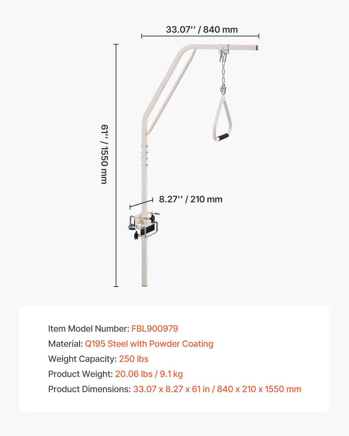 VEVOR Trapeze Bar for Bed Mobility, Medical Bed Trapeze with Clamps & Metal Chain, 250LBS Weight Capacity Bed Pull Up Assist for Elderly & Disabled, Ideal for Home Care, Hospitals, Nursing Homes - CSDJXDCJZGZCHQ5WJV0 - view 8