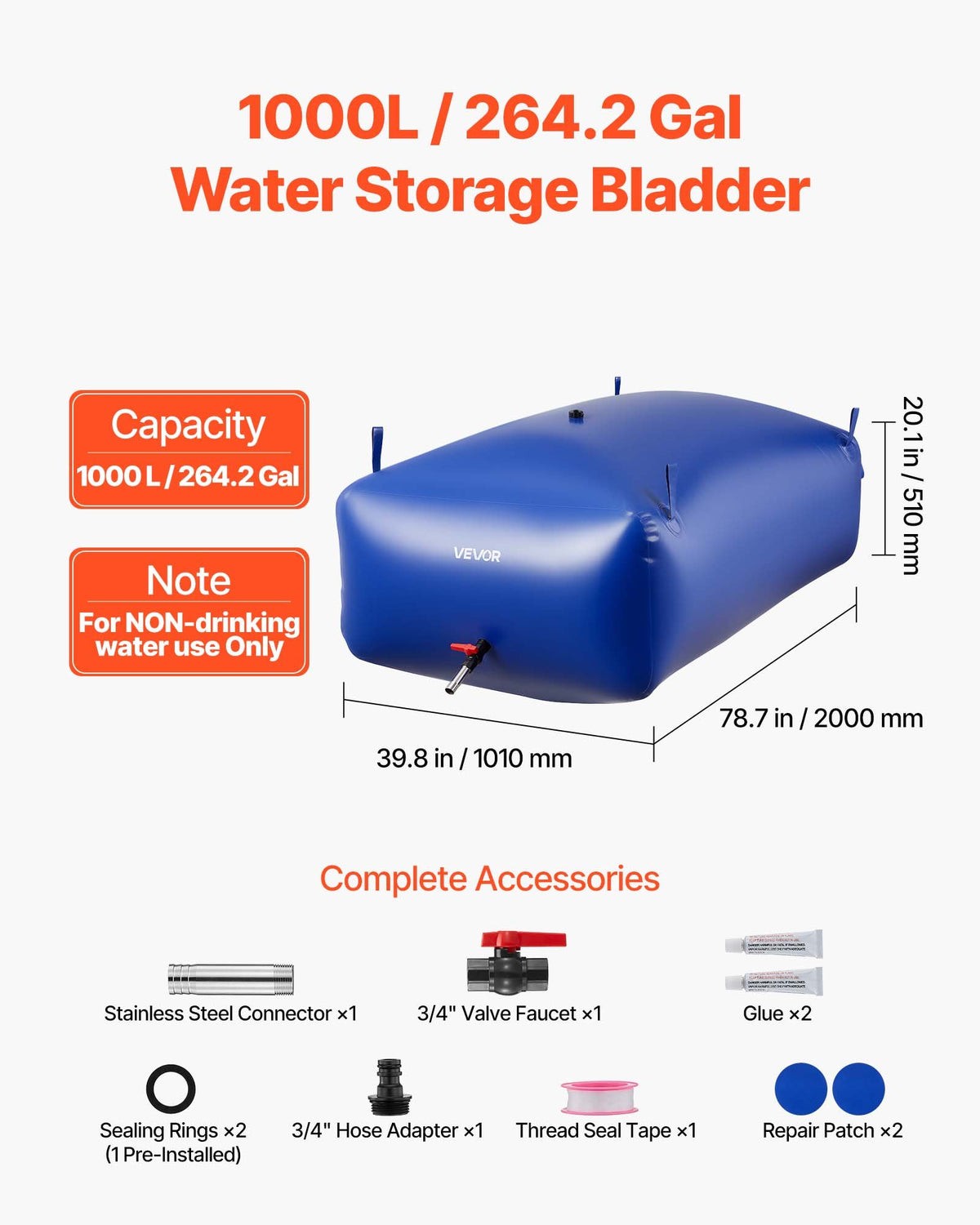 VEVOR Water Storage Bladder 264.2 Gallon Large Capacity Water Bag, Portable & Collapsible Soft Waters Container, Leakproof & Tear-Resistant PVC Emergency Waters Storage Tank for RV Truck & Outdoor Use - CSDLSPVC1000IHFQW001V0 - view 3
