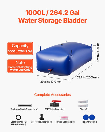 VEVOR Water Storage Bladder 264.2 Gallon Large Capacity Water Bag, Portable & Collapsible Soft Waters Container, Leakproof & Tear-Resistant PVC Emergency Waters Storage Tank for RV Truck & Outdoor Use - CSDLSPVC1000IHFQW001V0 - view 3