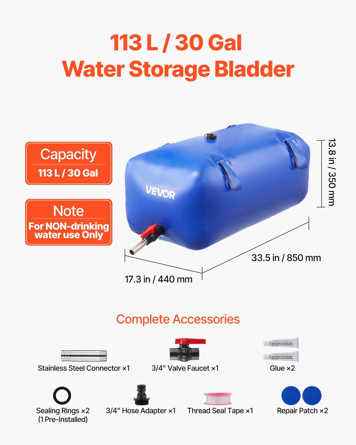 VEVOR Water Storage Bladder 30 Gallon Large Capacity Water Bag, Portable & Collapsible Soft Waters Container, Leakproof & Tear-Resistant PVC Emergency Waters Storage Tank for RV Truck & Outdoor Use - CSDLSPVC113LPS9FD001V0 - view 3