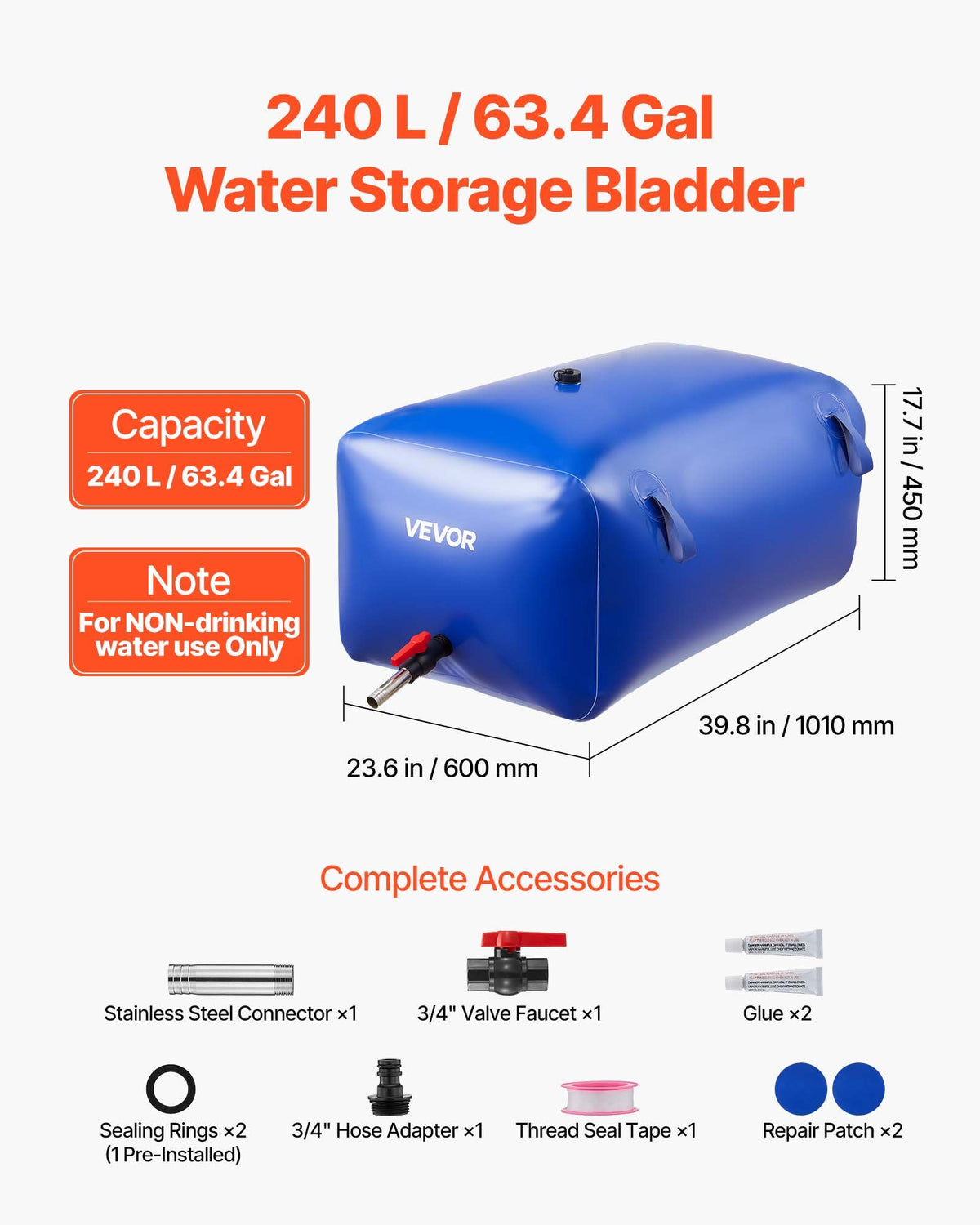 VEVOR Water Storage Bladder 63.4 Gallon Large Capacity Water Bag, Portable & Collapsible Soft Waters Container, Leakproof & Tear-Resistant PVC Emergency Waters Storage Tank for RV Truck & Outdoor Use - CSDLSPVC240LSO68O001V0 - view 3
