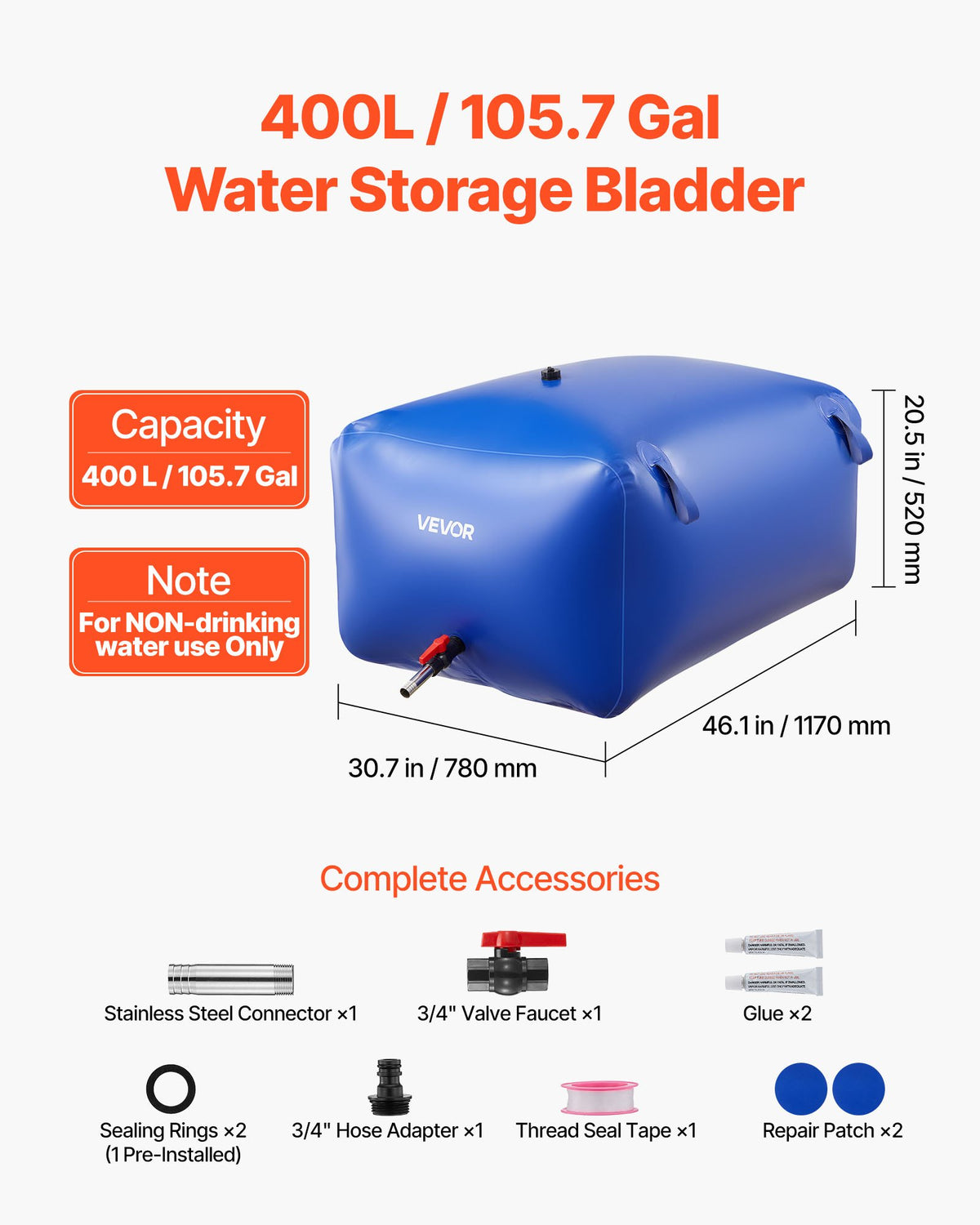 VEVOR Water Storage Bladder 105.7 Gallon Large Capacity Water Bag, Portable & Collapsible Soft Waters Container, Leakproof & Tear-Resistant PVC Emergency Waters Storage Tank for RV Truck & Outdoor Use - CSDLSPVC400L9HOR6001V0 - view 3