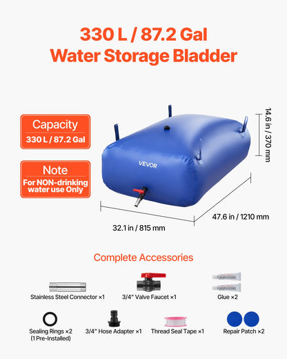 VEVOR Water Storage Bladder, 87.2 Gal Collapsible Water Storage Bag, Wear-Resistant 1000D PVC Soft Waters Bag, Leakproof Camping Tank Containers for Garden Irrigation RV Emergency Use, Blue - CSDLSPVCB330UZUZH003V0 - view 3