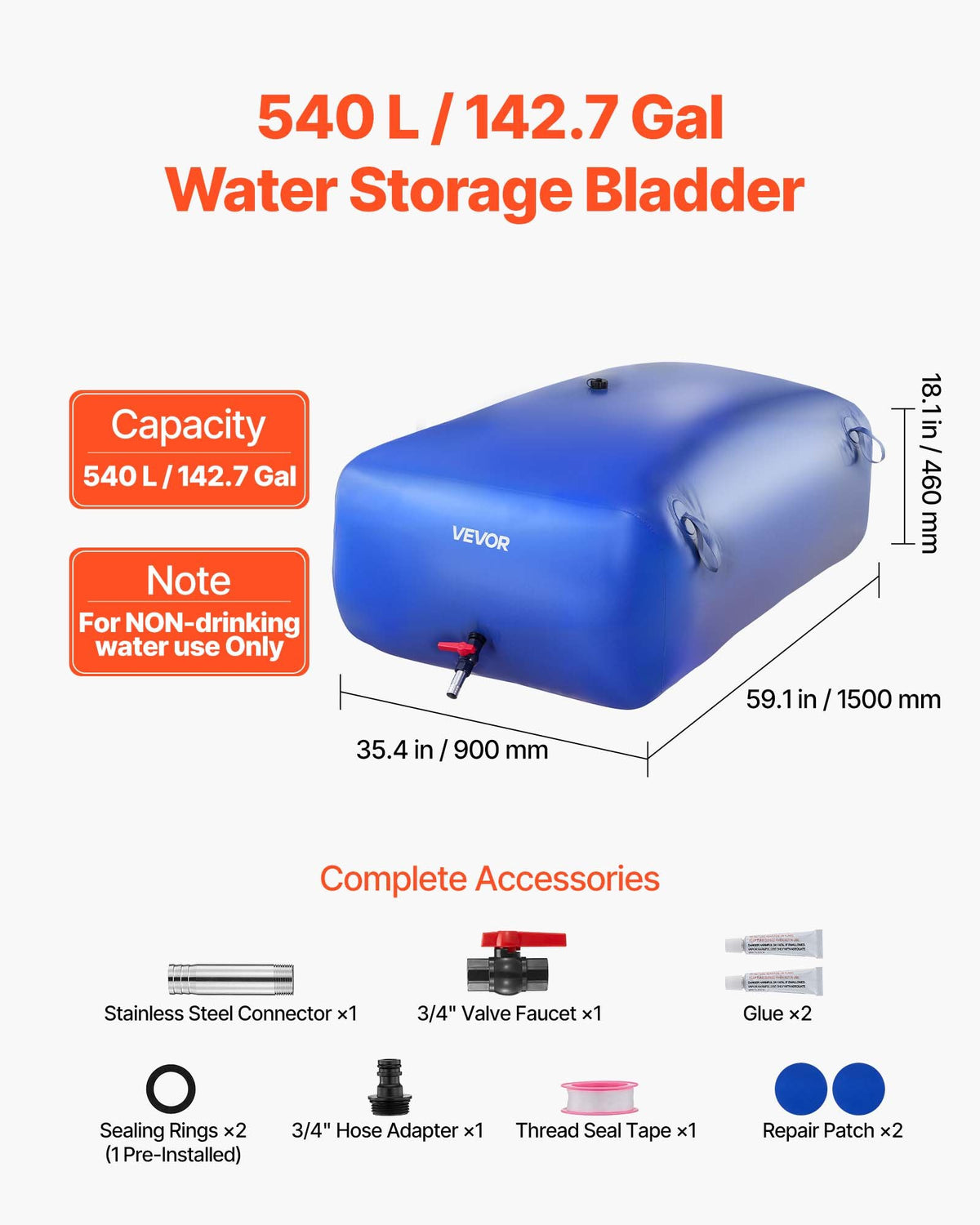 VEVOR Water Storage Bladder, 142.7 Gal Collapsible Water Storage Bag, Wear-Resistant 1000D PVC Soft Waters Bag, Leakproof Camping Tank Containers for Garden Irrigation RV Emergency Use, Blue - CSDLSPVCB5400I9A3003V0 - view 3
