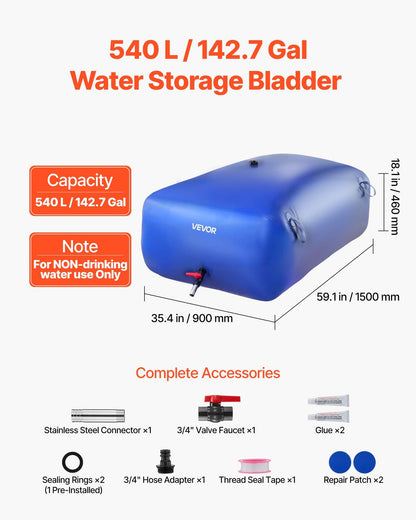 VEVOR Water Storage Bladder, 142.7 Gal Collapsible Water Storage Bag, Wear-Resistant 1000D PVC Soft Waters Bag, Leakproof Camping Tank Containers for Garden Irrigation RV Emergency Use, Blue - CSDLSPVCB5400I9A3003V0 - view 3