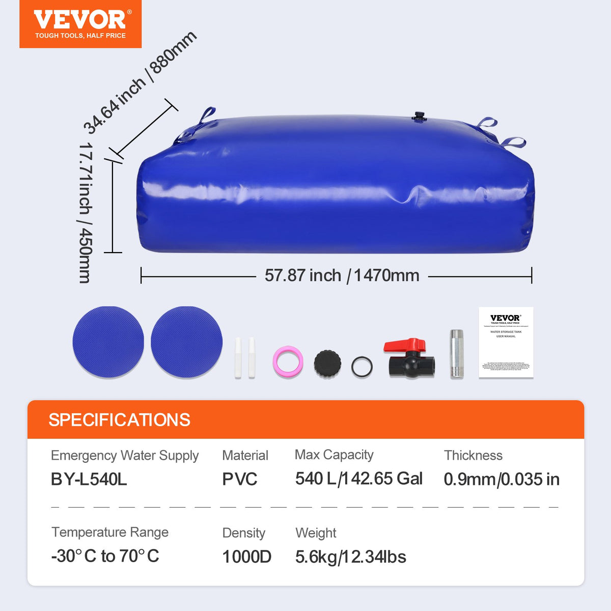 VEVOR 540L/142.7 Gallon Water Storage Bladder, RV Water Tank, 1000D Blue PVC Collapsible Water Storage Containers, Large Capacity Soft Water Bag, Portable Water Bladder, Fire Prevention, Camping - CSDLSPVCB5400I9A3V0 - view 8