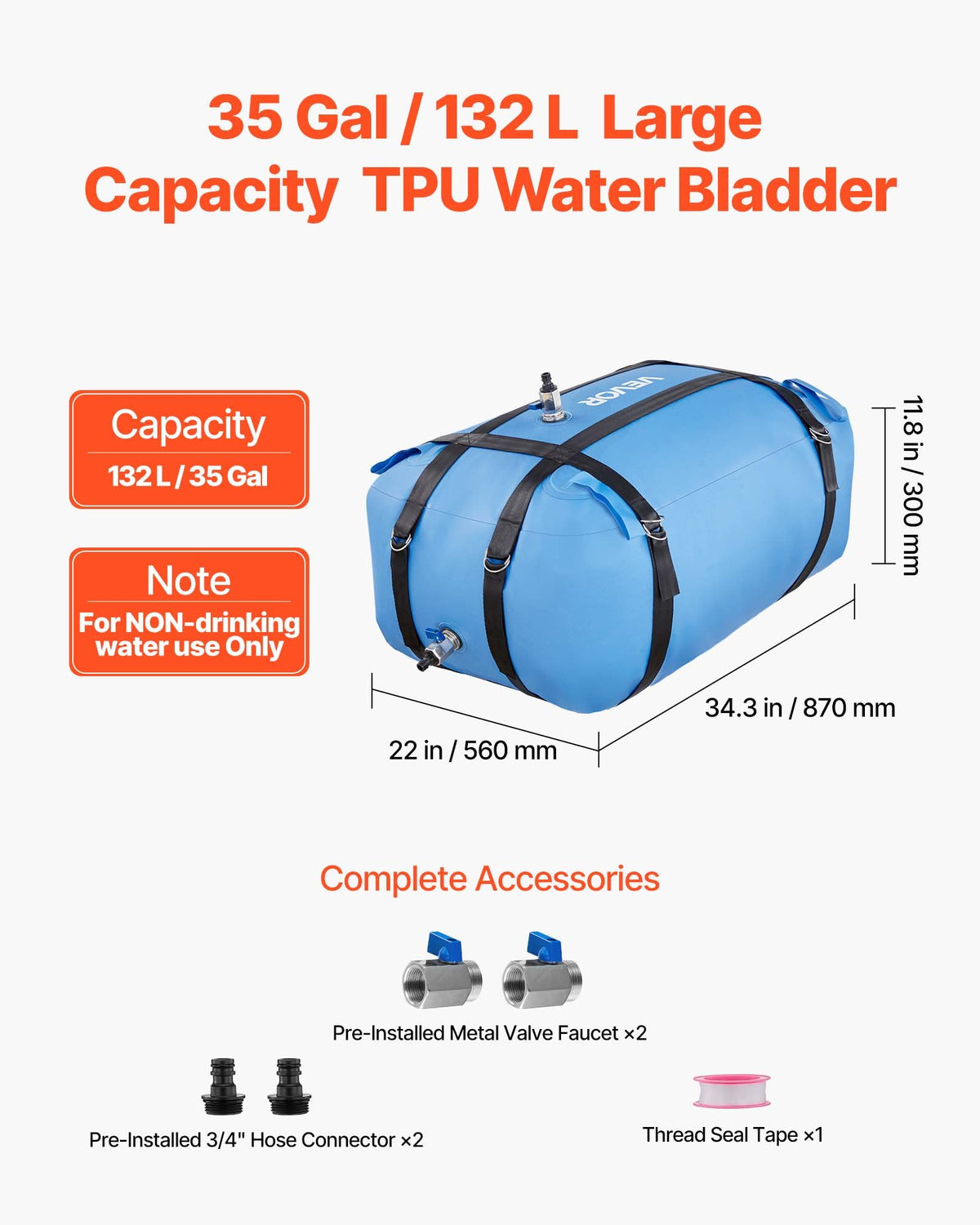 VEVOR Water Storage Bladder, 35 Gallon Large Capacity TPU Soft Water Bag, Portable & Collapsible Water Storage Containers, Leakproof & Wear-Resistant RV Waters Tank for Camping Irrigation Outdoor Use - CSDLSTPU132LYW8X8001V0 - view 3