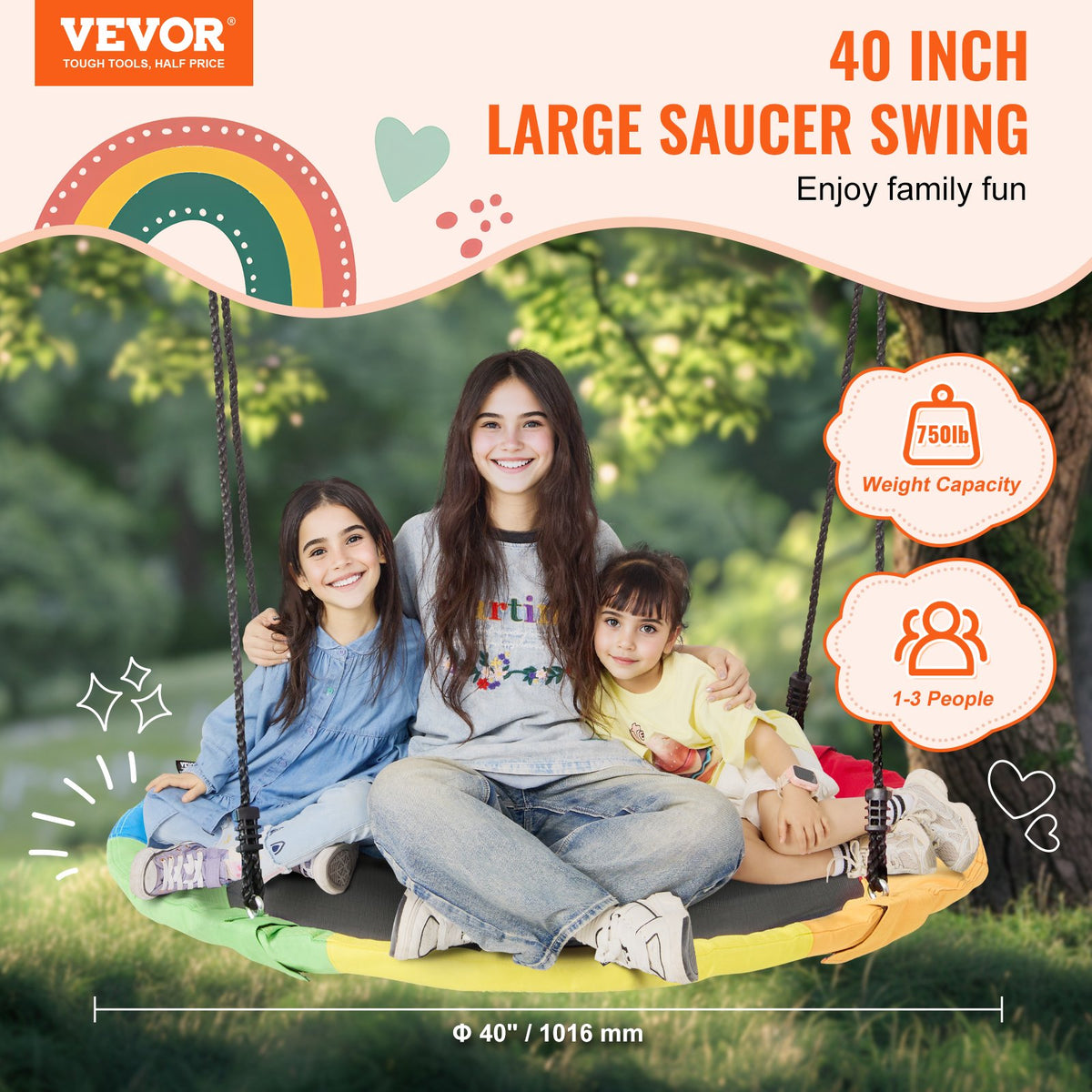 VEVOR Tree Swing, 40 Inch Saucer Swing, 750lbs Weight Capacity, 900D Oxford Fabric Swing Seat with 2 Tree Hanging Straps and Adjustable Multi-Strand Ropes, Round Swing for Kids Outdoor, Multicolor - CSFDQQCSFD407SNPQV0 - view 3