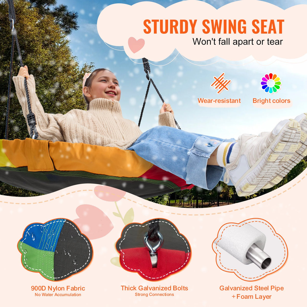 VEVOR Tree Swing, 40 Inch Saucer Swing, 750lbs Weight Capacity, 900D Oxford Fabric Swing Seat with 2 Tree Hanging Straps and Adjustable Multi-Strand Ropes, Round Swing for Kids Outdoor, Multicolor - CSFDQQCSFD407SNPQV0 - view 4