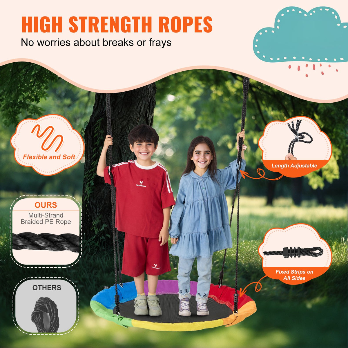 VEVOR Tree Swing, 40 Inch Saucer Swing, 750lbs Weight Capacity, 900D Oxford Fabric Swing Seat with 2 Tree Hanging Straps and Adjustable Multi-Strand Ropes, Round Swing for Kids Outdoor, Multicolor - CSFDQQCSFD407SNPQV0 - view 5