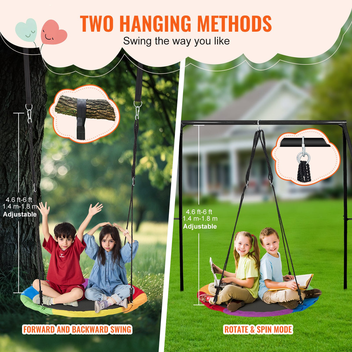 VEVOR Tree Swing, 40 Inch Saucer Swing, 750lbs Weight Capacity, 900D Oxford Fabric Swing Seat with 2 Tree Hanging Straps and Adjustable Multi-Strand Ropes, Round Swing for Kids Outdoor, Multicolor - CSFDQQCSFD407SNPQV0 - view 7