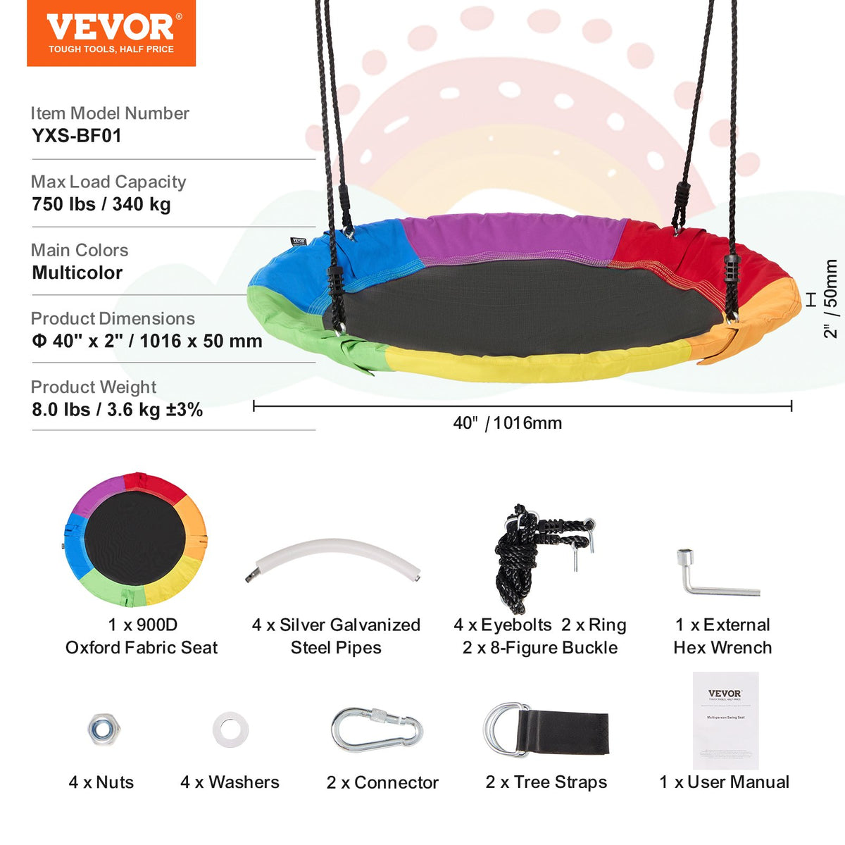 VEVOR Tree Swing, 40 Inch Saucer Swing, 750lbs Weight Capacity, 900D Oxford Fabric Swing Seat with 2 Tree Hanging Straps and Adjustable Multi-Strand Ropes, Round Swing for Kids Outdoor, Multicolor - CSFDQQCSFD407SNPQV0 - view 8