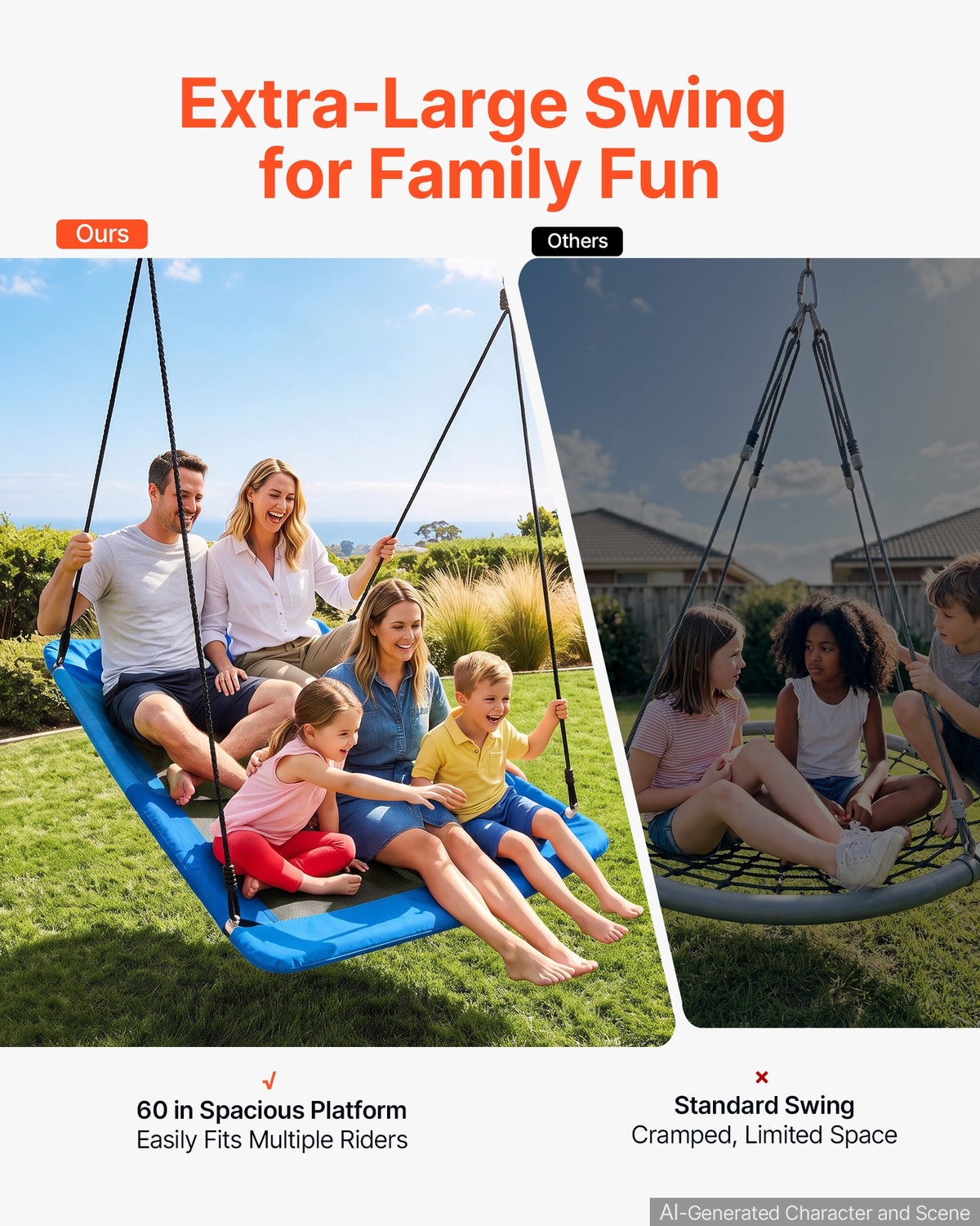VEVOR Platform Tree Swing for Kids and Adults 700 lbs 60" Rectangle Blue, for Backyard Outdoor & Indoor, 900D Oxford Fabric Giant Seat with 2 Hanging Straps, Adjustable Ropes and Curved Edge Design - CSFDQQFXFDQQM7BCT001V0 - view 3