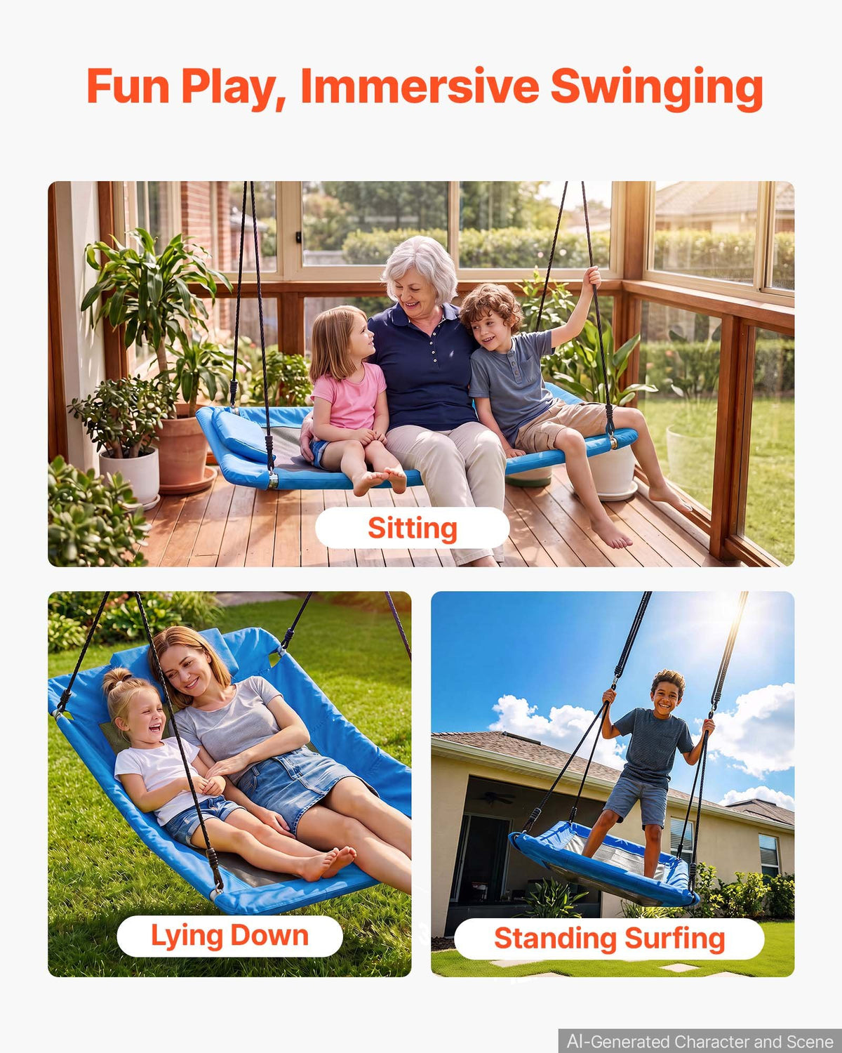 VEVOR Platform Tree Swing for Kids and Adults 700 lbs 60" Rectangle Blue, for Backyard Outdoor & Indoor, 900D Oxford Fabric Giant Seat with 2 Hanging Straps, Adjustable Ropes and Curved Edge Design - CSFDQQFXFDQQM7BCT001V0 - view 4