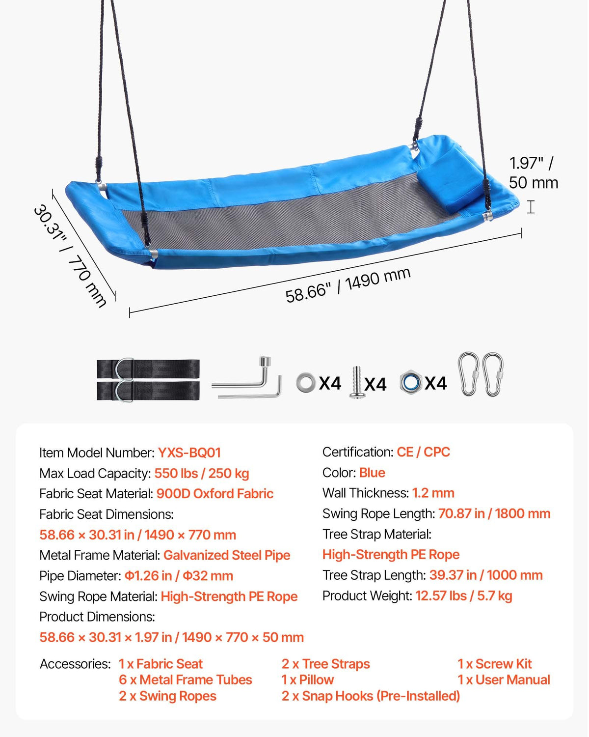 VEVOR Platform Tree Swing for Kids and Adults 700 lbs 60" Rectangle Blue, for Backyard Outdoor & Indoor, 900D Oxford Fabric Giant Seat with 2 Hanging Straps, Adjustable Ropes and Curved Edge Design - CSFDQQFXFDQQM7BCT001V0 - view 8